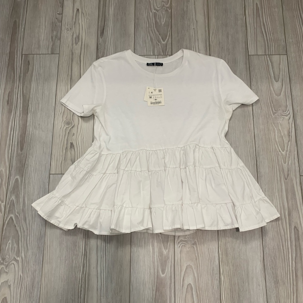 Zara White Peasant Tunic Shirt (Size: Medium)